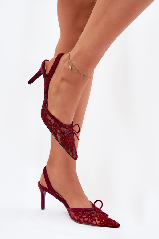 Lace High Heels With Open Back Burgundy Annivirae