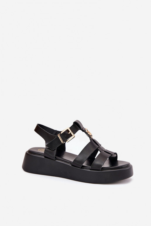 Women Sandals On Platform With Gold Detail Black Fevire Women Sandals On Platform With Gold Detail Black Fevire