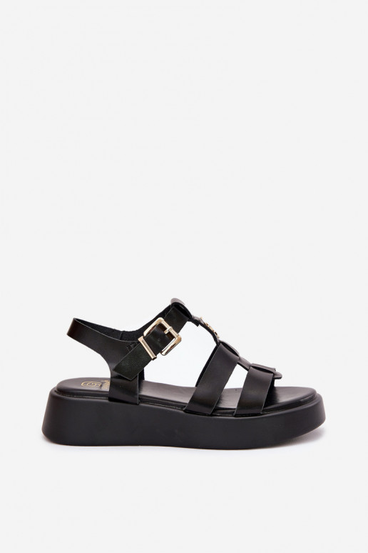 Women Sandals On Platform With Gold Detail Black Fevire Women Sandals On Platform With Gold Detail Black Fevire