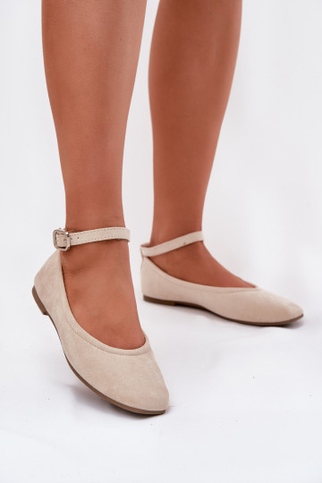 Eco Suede Ballet Flats With Strap And Buckle Beige Deomira
