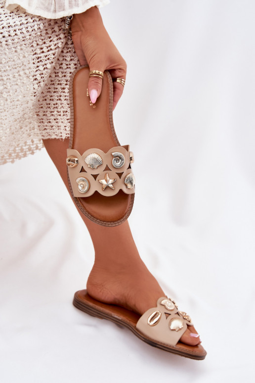 Women's Flat Sandals With Golden Pins Beige Nalothiel