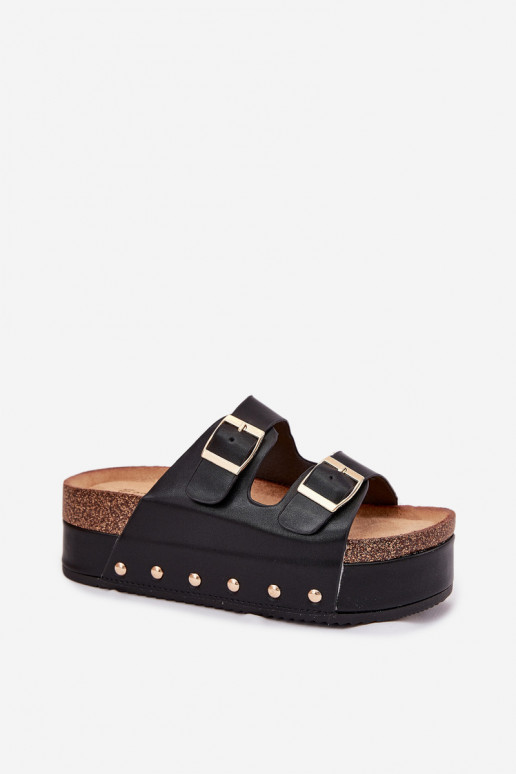 Women's sandals with buckles on a massive platform black Odisene