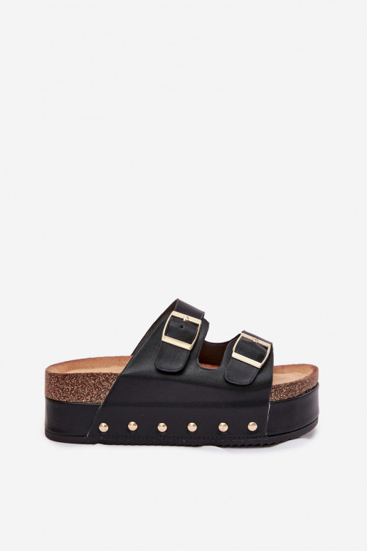 Women's sandals with buckles on a massive platform black Odisene