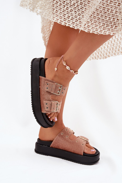 Women's Slides With Golden Buckles On Platform Beige Virvania