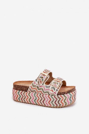 Women's Sandals On Chunky Platform With Weaving And Buckles Multicolor