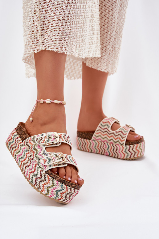 Women's Sandals On Chunky Platform With Weaving And Buckles Multicolor