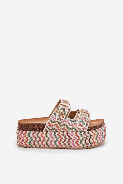 Women's Sandals On Chunky Platform With Weaving And Buckles Multicolor