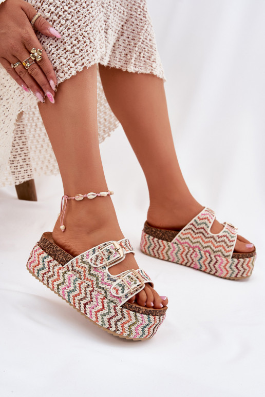 Women's Sandals On Chunky Platform With Weaving And Buckles Multicolor