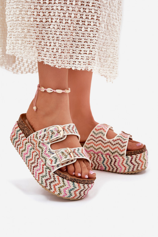 Women's Sandals On Chunky Platform With Weaving And Buckles Multicolor