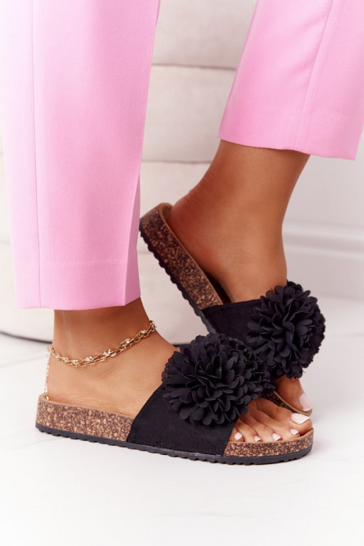 Slippers On The Cork Sole Black Flowerbomb Slippers On The Cork Sole Black Flowerbomb