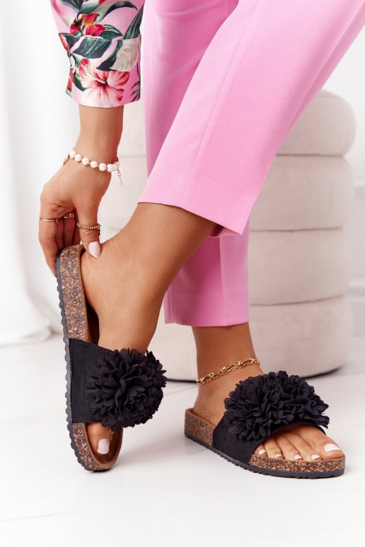 Slippers On The Cork Sole Black Flowerbomb Slippers On The Cork Sole Black Flowerbomb
