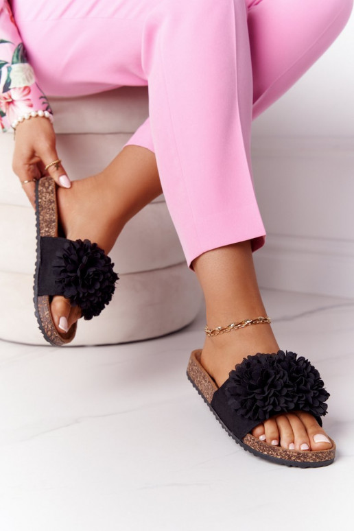 Slippers On The Cork Sole Black Flowerbomb Slippers On The Cork Sole Black Flowerbomb