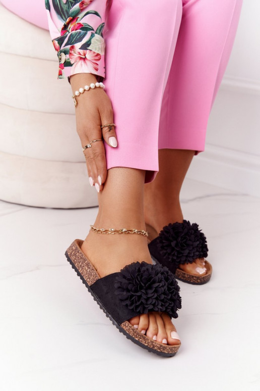 Slippers On The Cork Sole Black Flowerbomb Slippers On The Cork Sole Black Flowerbomb