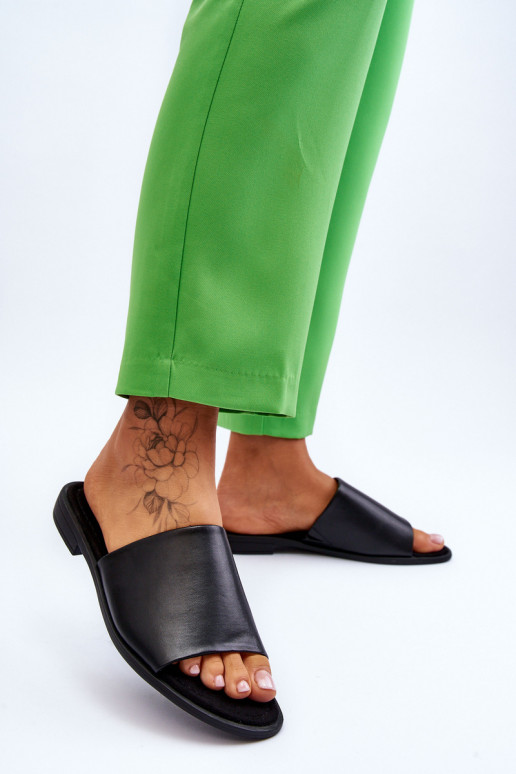 Damskie Skórzane Gładkie Klapki Czarne Cerise