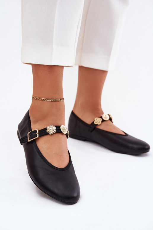 Women's Ballerinas With Strap And Golden Decorations Black Firicene Women's Ballerinas With Strap And Golden Decorations Black Firicene