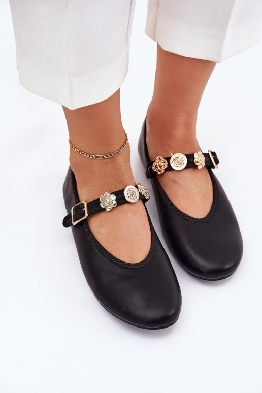 Women's Ballerinas With Strap And Golden Decorations Black Firicene Women's Ballerinas With Strap And Golden Decorations Black Firicene