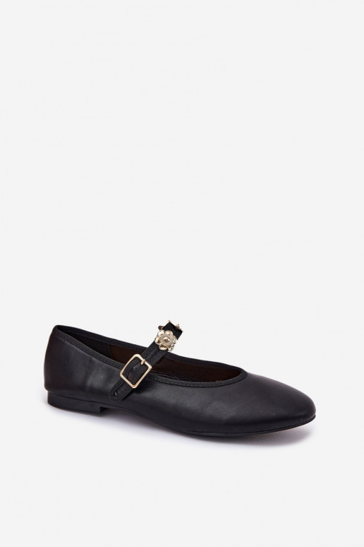 Women's Ballerinas With Strap And Golden Decorations Black Firicene Women's Ballerinas With Strap And Golden Decorations Black Firicene