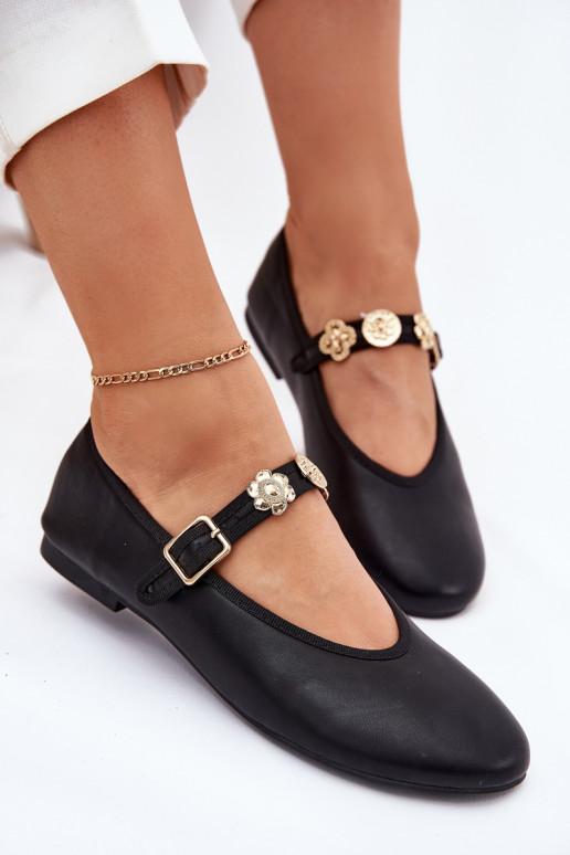 Women's Ballerinas With Strap And Golden Decorations Black Firicene Women's Ballerinas With Strap And Golden Decorations Black Firicene