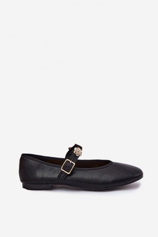 Women's Ballerinas With Strap And Golden Decorations Black Firicene Women's Ballerinas With Strap And Golden Decorations Black Firicene