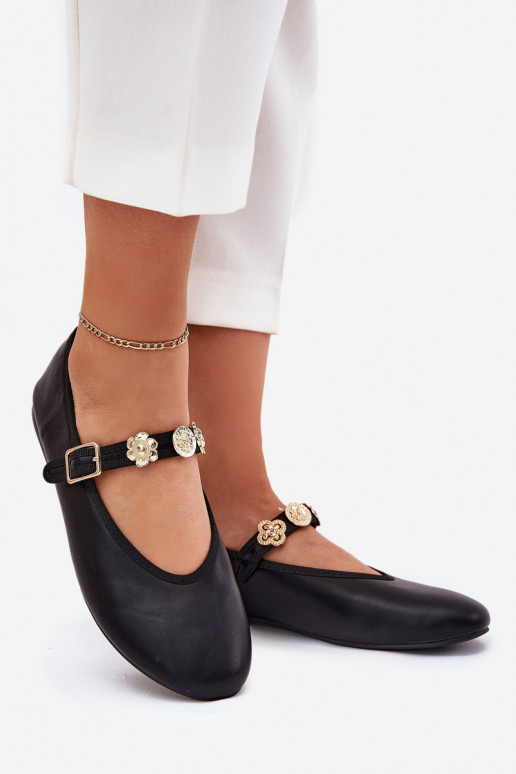 Women's Ballerinas With Strap And Golden Decorations Black Firicene Women's Ballerinas With Strap And Golden Decorations Black Firicene