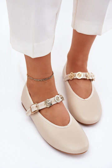 Women's Ballet Flats With Strap And Golden Studs Beige Firicene