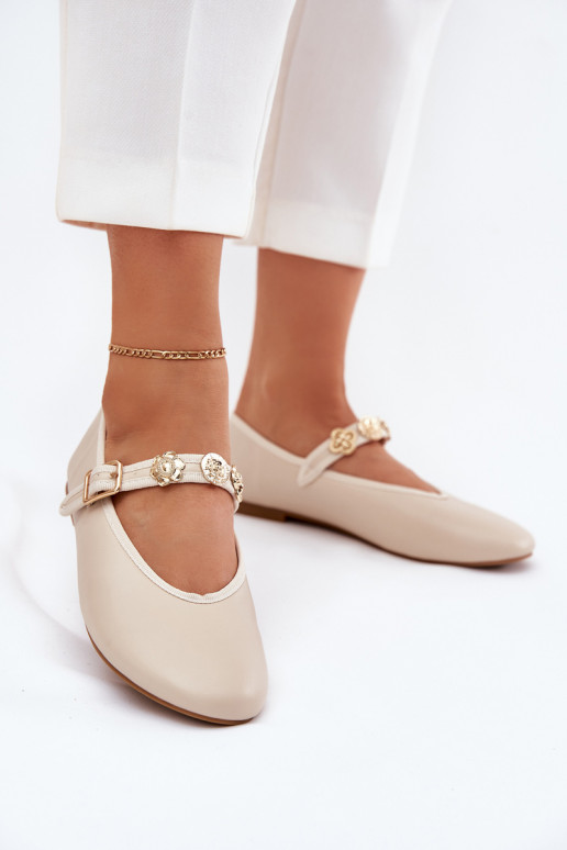 Women's Ballet Flats With Strap And Golden Studs Beige Firicene Women's Ballet Flats With Strap And Golden Studs Beige Firicene