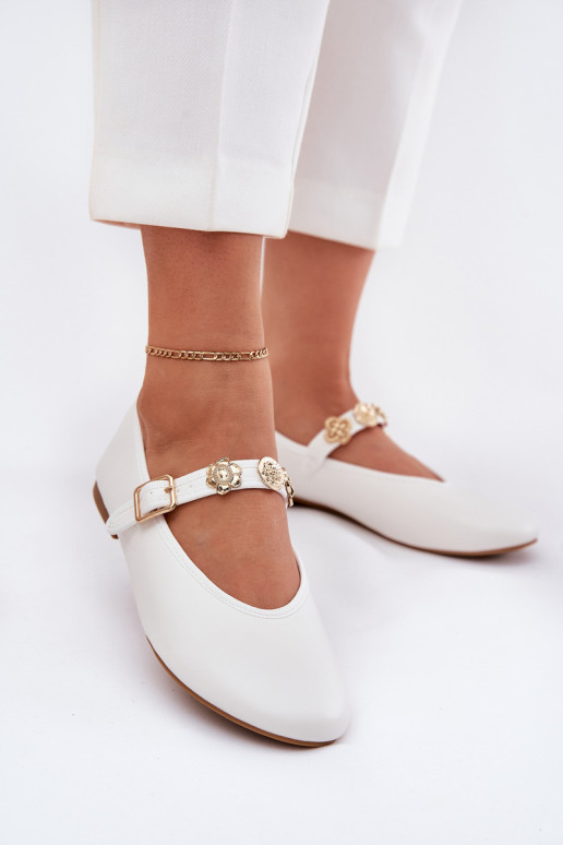 Women's Ballet Flats With Strap And Golden Decorations White Firicene