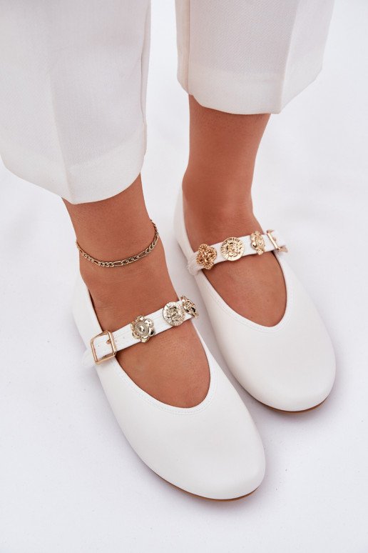 Women's Ballet Flats With Strap And Golden Decorations White Firicene