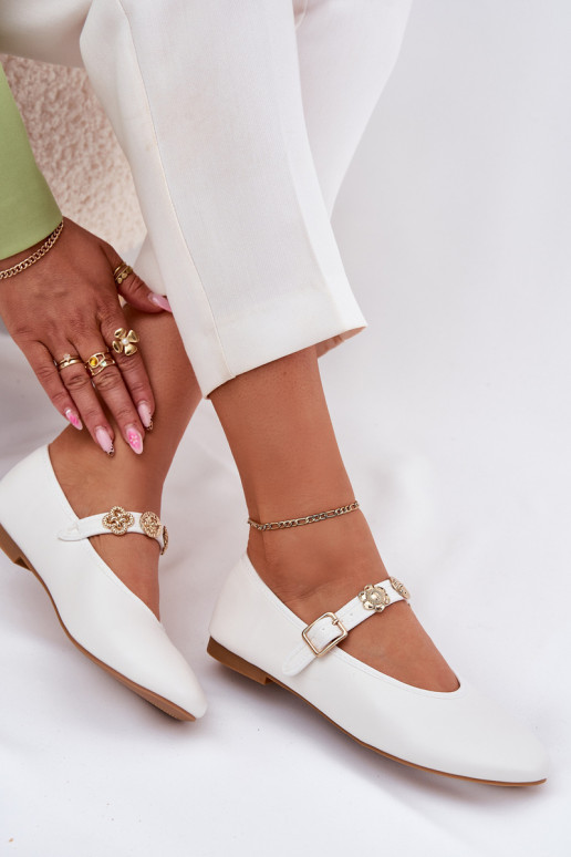Women's Ballet Flats With Strap And Golden Decorations White Firicene