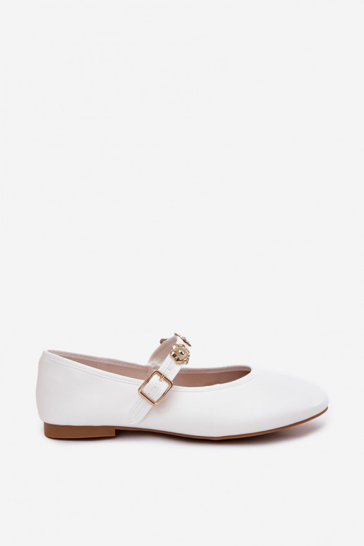 Women's Ballet Flats With Strap And Golden Decorations White Firicene