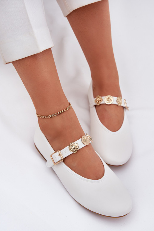 Women's Ballet Flats With Strap And Golden Decorations White Firicene