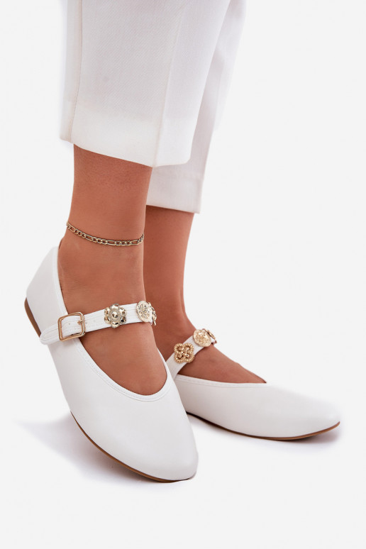 Women's Ballet Flats With Strap And Golden Decorations White Firicene