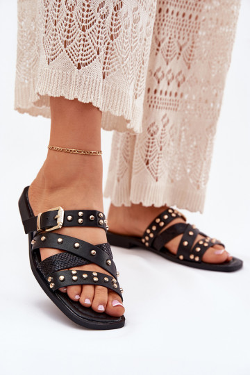 Embellished Women's Slide Sandals On Flat Heel With Straps And Buckle Black Manitte 2