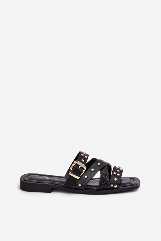 Embellished Women's Slide Sandals On Flat Heel With Straps And Buckle Black Manitte