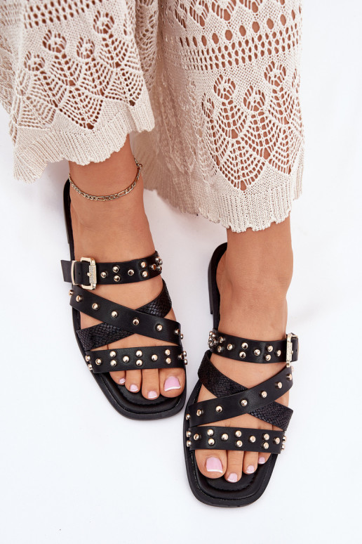 Embellished Women's Slide Sandals On Flat Heel With Straps And Buckle Black Manitte