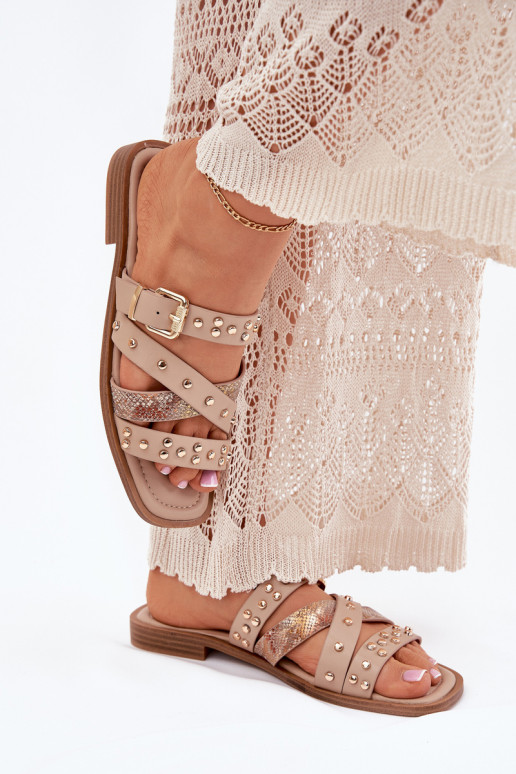 Embellished women sandals on flat heel with straps and buckle beige Manitte