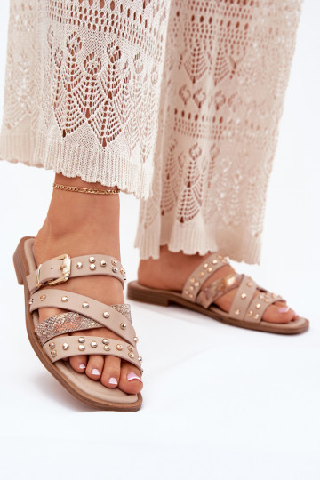 Embellished women sandals on flat heel with straps and buckle beige Manitte 2