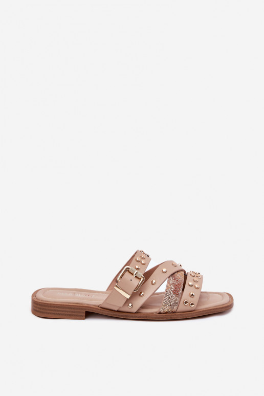 Embellished women sandals on flat heel with straps and buckle beige Manitte