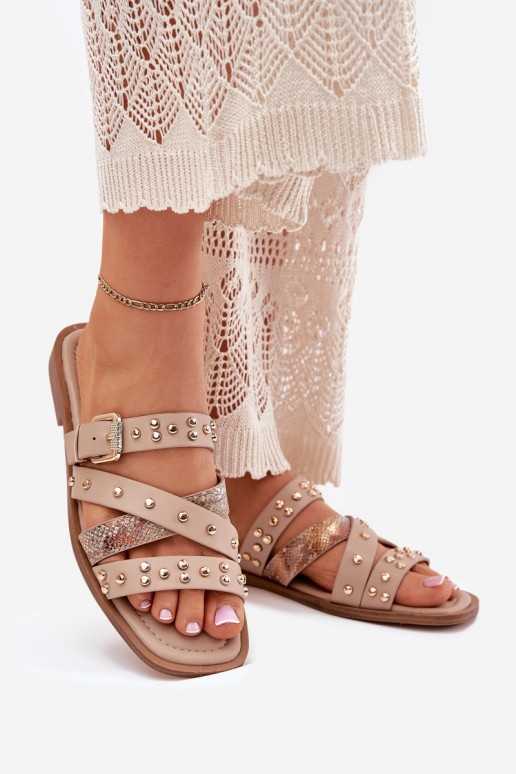 Embellished women sandals on flat heel with straps and buckle beige Manitte