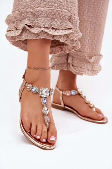 Womens sandals on flat heel with crystals rose gold Fiolalia 2