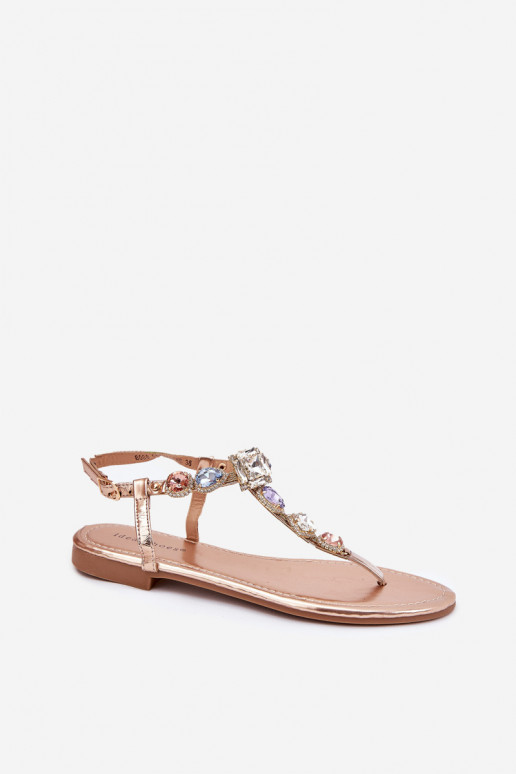 Womens sandals on flat heel with crystals rose gold Fiolalia Womens sandals on flat heel with crystals rose gold Fiolalia