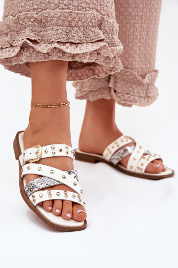 Embellished women's flip flops on flat heel with straps and buckle white Manitte 2