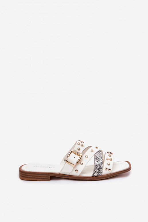 Embellished women's flip flops on flat heel with straps and buckle white Manitte