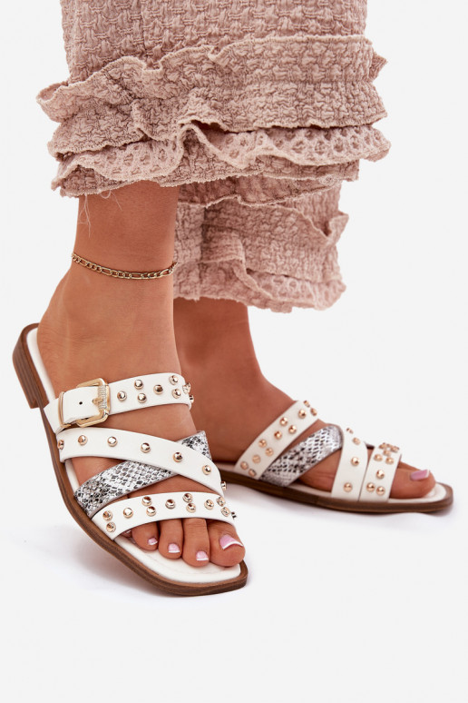 Embellished women's flip flops on flat heel with straps and buckle white Manitte