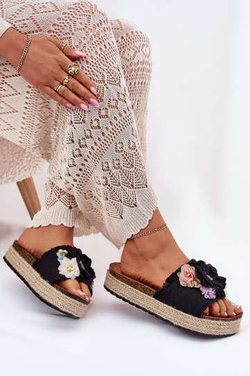 Women's Sandals With Flowers Platform With Braiding Black Zenvanis