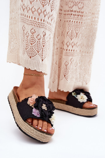 Women's Sandals With Flowers Platform With Braiding Black Zenvanis 2