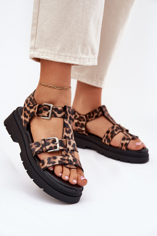 Ladies Eco Leather Sandals With Buckles Leopard Jeneliena