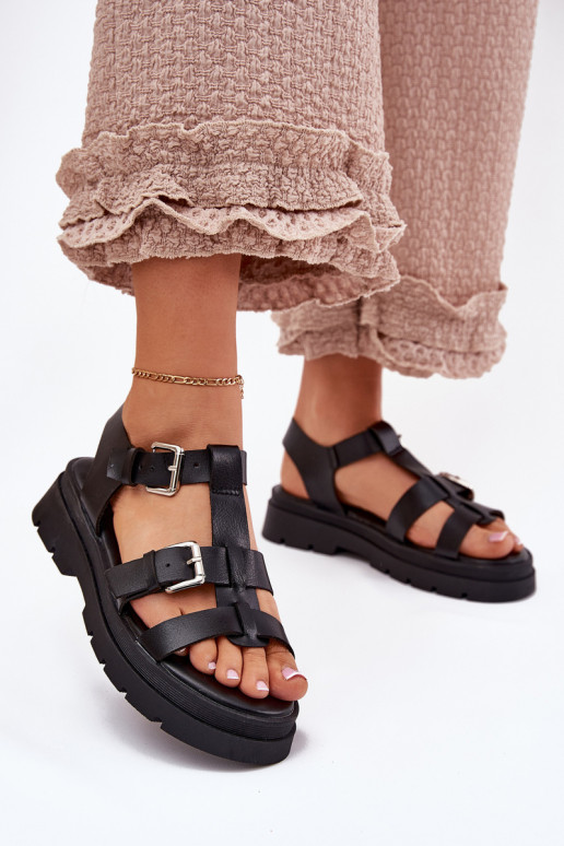 Ladies Eco Leather Sandals With Buckles Black Jeneliena