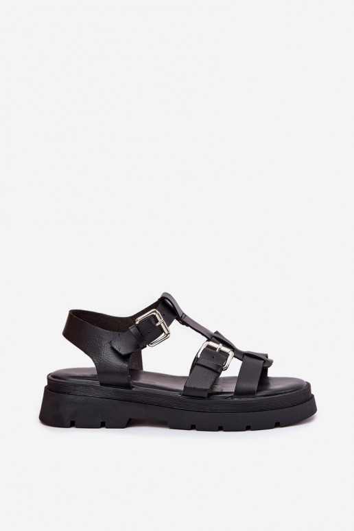 Ladies Eco Leather Sandals With Buckles Black Jeneliena