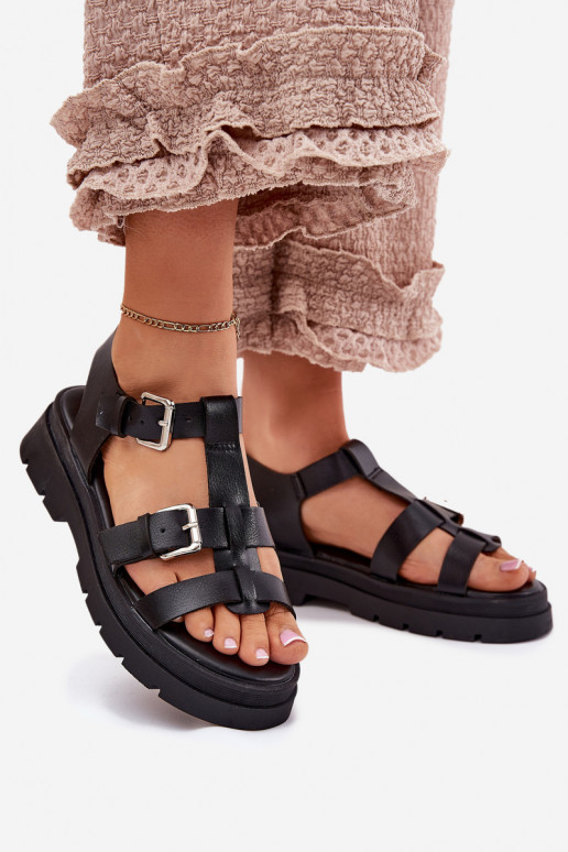 Ladies Eco Leather Sandals With Buckles Black Jeneliena